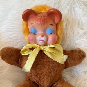 VTG 50’s Knickerbocker Sleepy / Sad  Rubber Face Teddy Bear - Yellow Bow- HTF